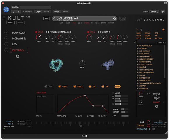 User interface of the Kult software synthesizer featuring various knobs, sliders, and waveform visualizations.