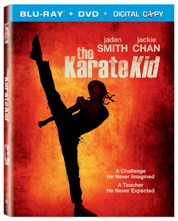 Blu-ray cover of The Karate Kid featuring a silhouette of a person performing a high kick against an orange background.