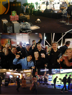 Collage of three images from a convention: top shows setup, middle shows people celebrating with drinks, bottom shows exhibit