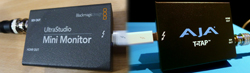 Blackmagic UltraStudio Mini Monitor and AJA T-TAP video capture devices connected by cables.