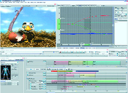 Software interface showing a cartoon bird character, a data graph, and a multi-track timeline.