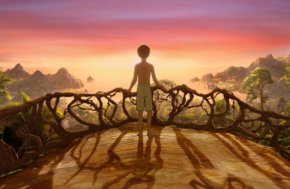 Silhouette of a person standing on a wooden balcony overlooking a tropical coastline at sunset.