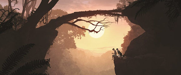 Silhouettes of two figures sitting on a rocky cliff edge overlooking a misty forest during sunset.