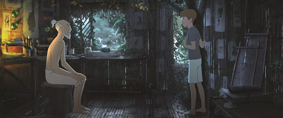 An older man sits on a stool facing a young boy in a dark, plant-filled room with a window in the background.
