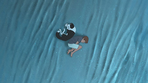 Top-down view of a person and a black and white dog lying curled up on a rippled blue surface.