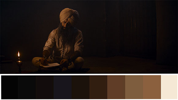A man with a beard and turban sits cross-legged in a dark room, writing by candlelight.