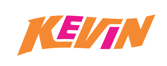 Stylized text reading 'KEVIN' in orange and pink block letters on a white background.