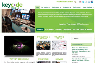 Key Code Media website homepage featuring broadcast technology services and a control room image.