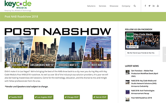 Promotional banner for Post NAB Show Roadshow 2018 featuring city skylines of Seattle, Los Angeles, Chicago, and Detroit.