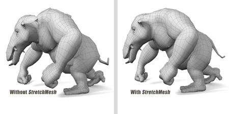 Two side-by-side wireframe 3D models of a creature, showing mesh density differences.