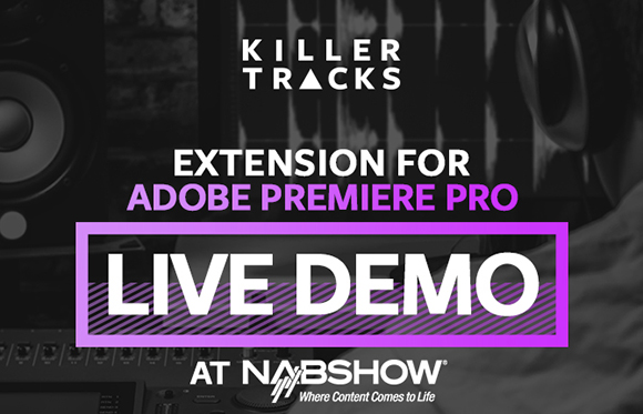 Text overlay on a dark background: Killer Tracks extension for Adobe Premiere Pro live demo at NAB Show.