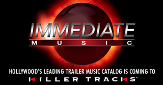 Immediate Music logo centered over a glowing red sphere on a black background.