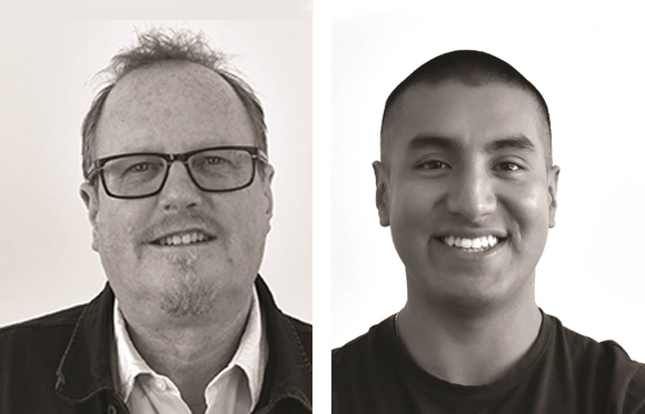 Two black and white headshots of smiling men against a plain background.