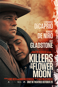 Leonardo DiCaprio and Lily Gladstone embrace on a movie poster for Killers of the Flower Moon.