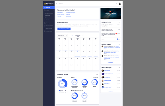 A digital dashboard interface for Kilo Studio featuring a calendar, account usage charts, and activity streams.