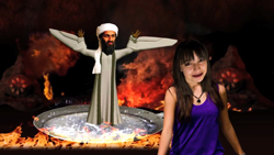 A woman in a purple tank top stands next to a stylized figure in white robes amidst flames.