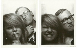 Two black and white close-up portraits of a man and a woman posing together.