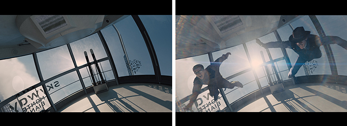 Two views of a glass-walled room high above the ground, one empty and one with two people falling.