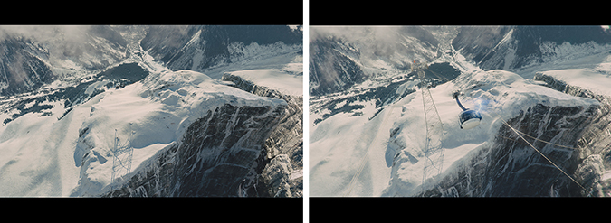A cable car travels over a steep, snow-covered mountain ridge under a cloudy sky.