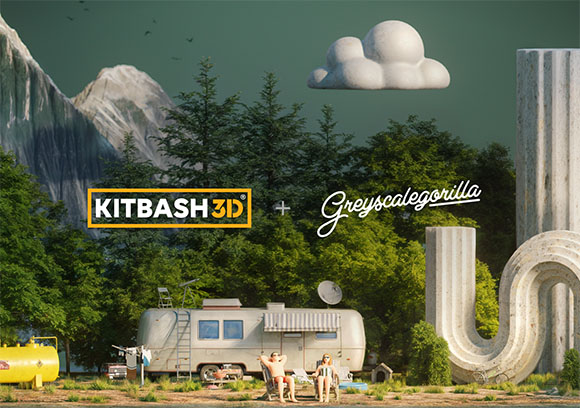 A landscape featuring a vintage camper, mountains, trees, and large stone columns under a cloudy sky.