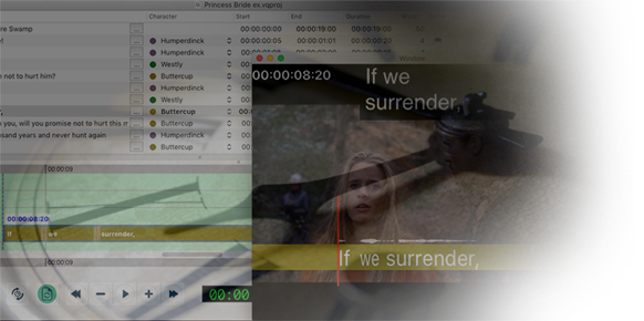Video editing software interface displaying a timeline and a film scene with subtitles.
