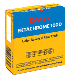 A yellow and blue box of Kodak Ektachrome 100D Color Reversal Film 7285.
