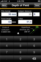 A smartphone screen displaying a Depth of Field calculator app with input fields and a numeric keypad.