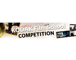 Text reading KODAK Film School COMPETITION over a background of film strips and camera equipment.