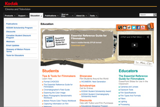 Kodak website showing education resources for filmmakers, including guides, scholarships, and tools.