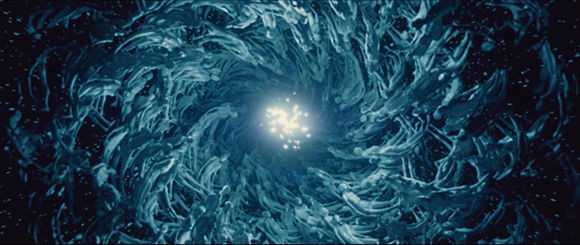 A dark blue swirling vortex composed of many small, pale, humanoid shapes spiraling toward a bright center.