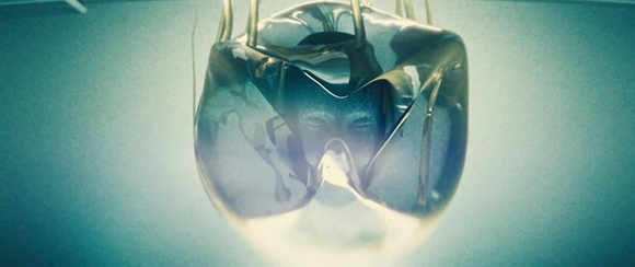 A human face seen through a clear, liquid-filled, sculptural form.