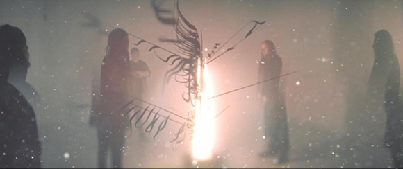 Silhouetted figures stand in a misty, glowing environment with dark, swirling graphic lines.