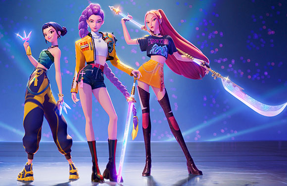 Three stylized female animated characters posing on a lit stage with glowing weapons.