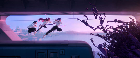 Three women in white leap through the air toward a mass of dark, shadowy figures against a sunset sky.