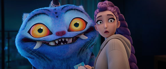 A large blue furry creature with large orange eyes stands next to a surprised young woman with purple hair.