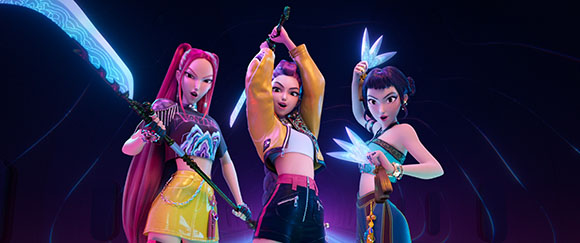 Three animated female characters in combat poses holding glowing blue weapons against a dark background.