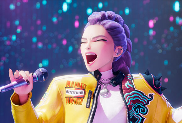 A digital illustration of a woman with purple hair singing into a microphone against a bokeh background.