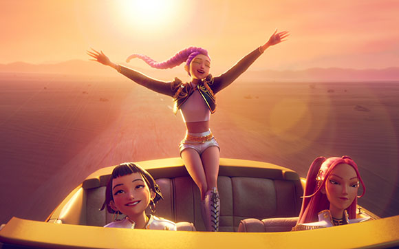 Three animated female characters in a vehicle under a bright sunset in a desert landscape.