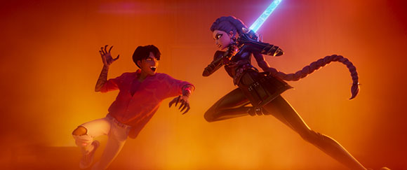 A woman with a long braid lunges with a glowing blue sword toward a man in a red shirt in an orange mist.