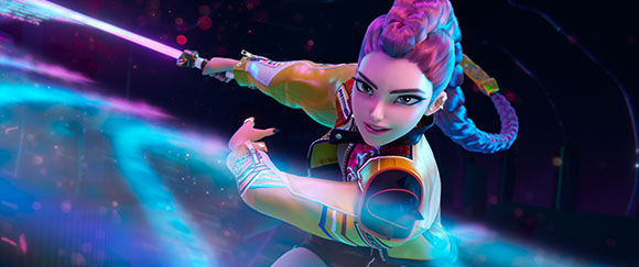 Animated woman with purple braided hair wielding a glowing pink energy sword in a dark setting.