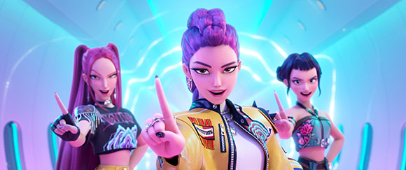 Three animated women with colorful hair and stylish outfits pose against a glowing blue background.