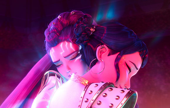 Two stylized female characters with dark hair and glowing facial markings embrace closely.