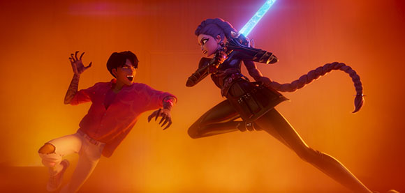 An animated woman leaps with a glowing blue sword while a man in a pink shirt reacts beside her.