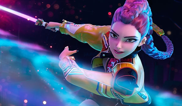 A woman with purple braided hair holds a glowing pink sword in a dynamic pose against a colorful background.