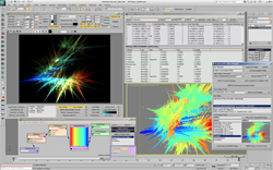 A complex software interface displaying data tables and colorful particle-like visualizations.