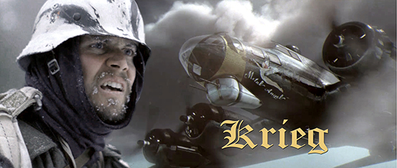 A soldier in a white helmet looks toward a dark, metallic aircraft flying through thick smoke.
