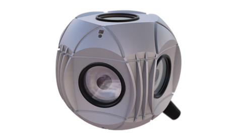 A gray spherical robot with several circular camera lenses embedded in its surface.