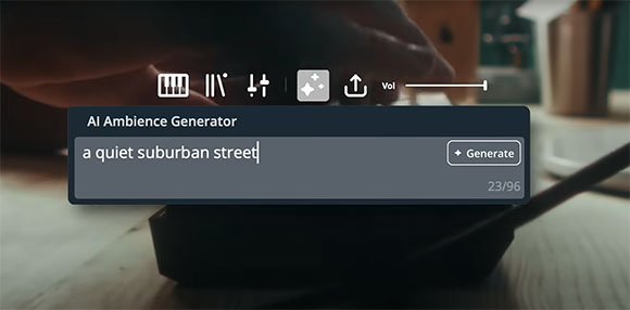 A digital interface showing a text box with 'a quiet suburban street' typed into an AI Ambience Generator.