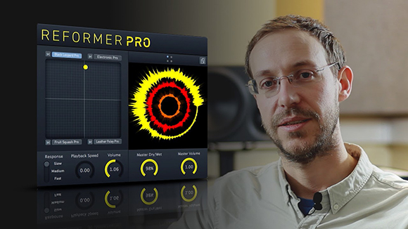 A man with glasses and a beard looks toward the camera next to a digital interface for REFORMER PRO.