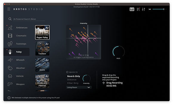 User interface of Krotos Studio software showing sound design categories and an XY pad controller.